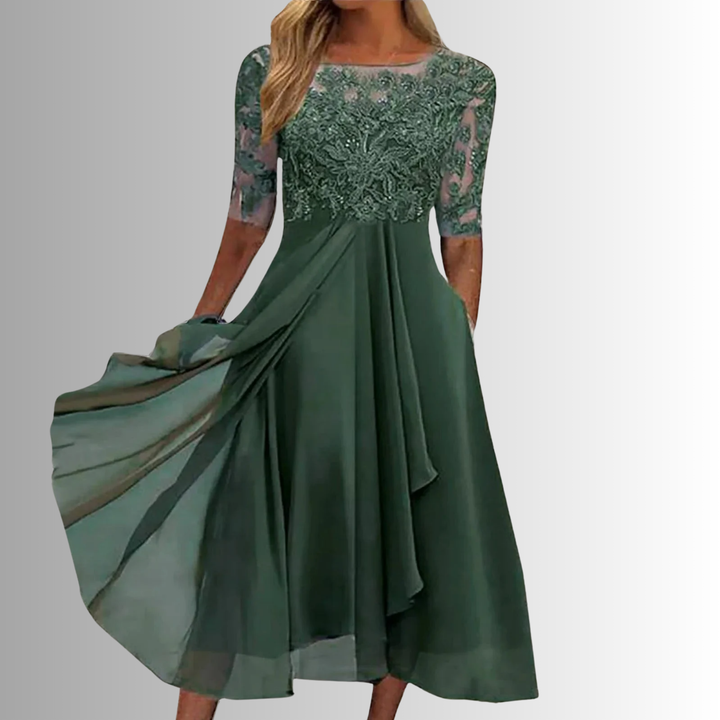 Matilda women's dark green lace maxi dress with sheer sleeves and flowing skirt, perfect for special occasions.