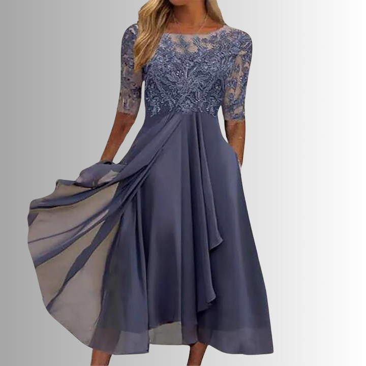 Matilda women's slate blue lace maxi dress with delicate lace top, flowing skirt, and full back coverage.