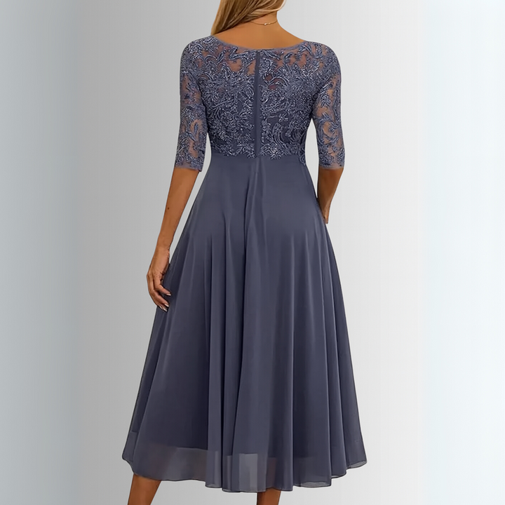 Matilda women's gray lace maxi dress with delicate lace top, flowing skirt, and full back coverage.