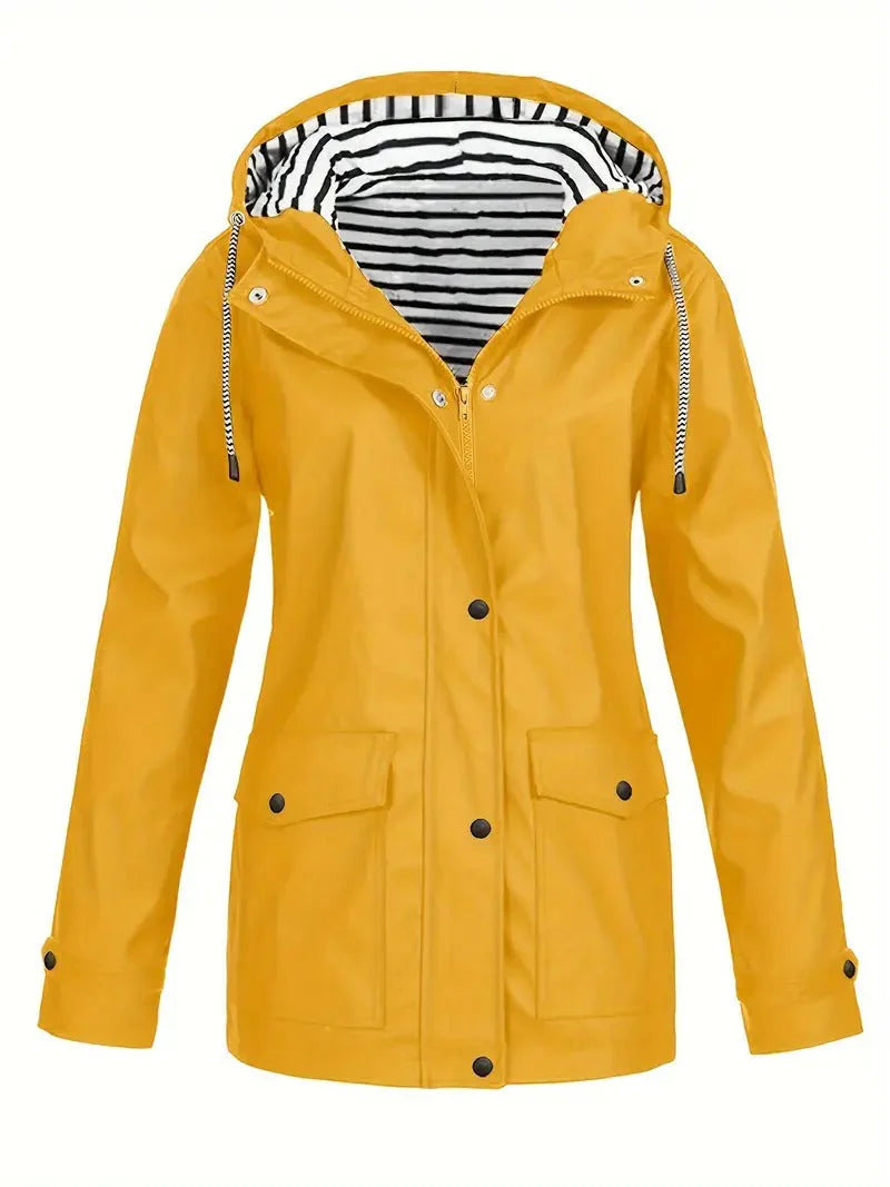Yellow waterproof rain jacket with a black and white striped hood lining, snap-down storm flap, and front pockets.
