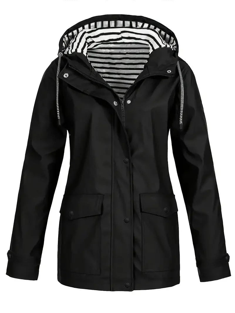 Black waterproof rain jacket with a drawstring hood, snap-down storm flap, and a stylish black and white striped lining.