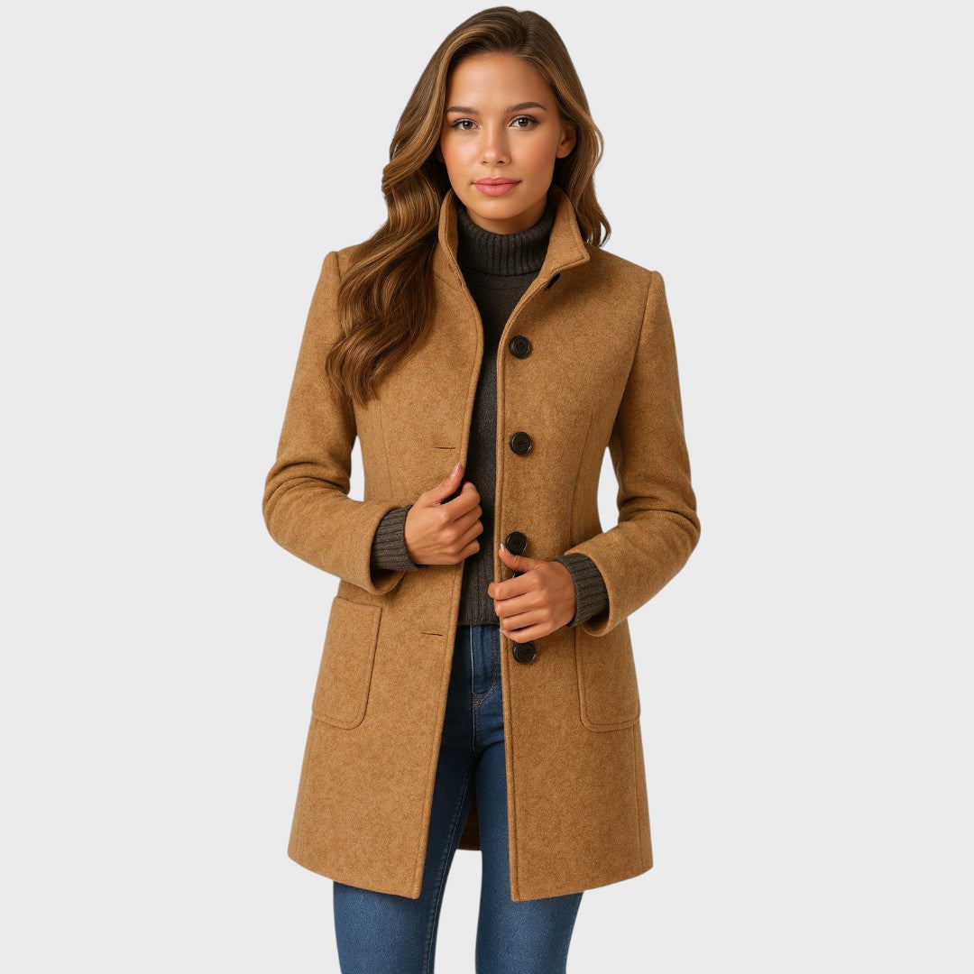 Camel tailored button-up coat featuring a sleek stand collar, single-breasted front, and practical patch pockets.