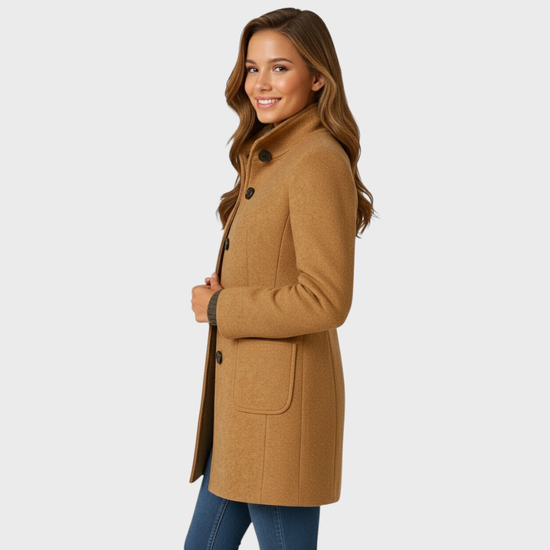 Camel tailored button-up coat with a stand collar and front patch pockets for a sleek, polished cold-weather silhouette.