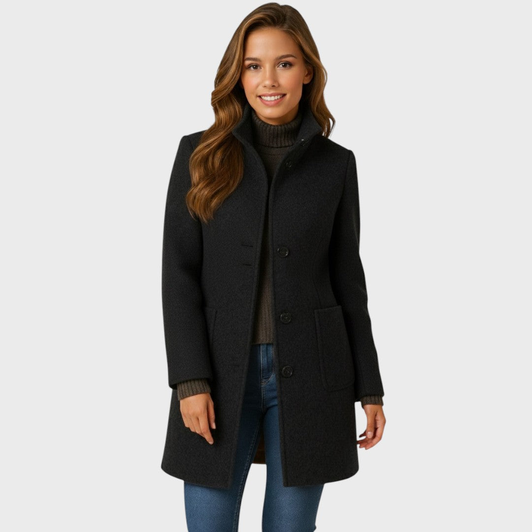 Charcoal tailored button-up coat with a smart stand collar and practical patch pockets for a sleek, polished silhouette.