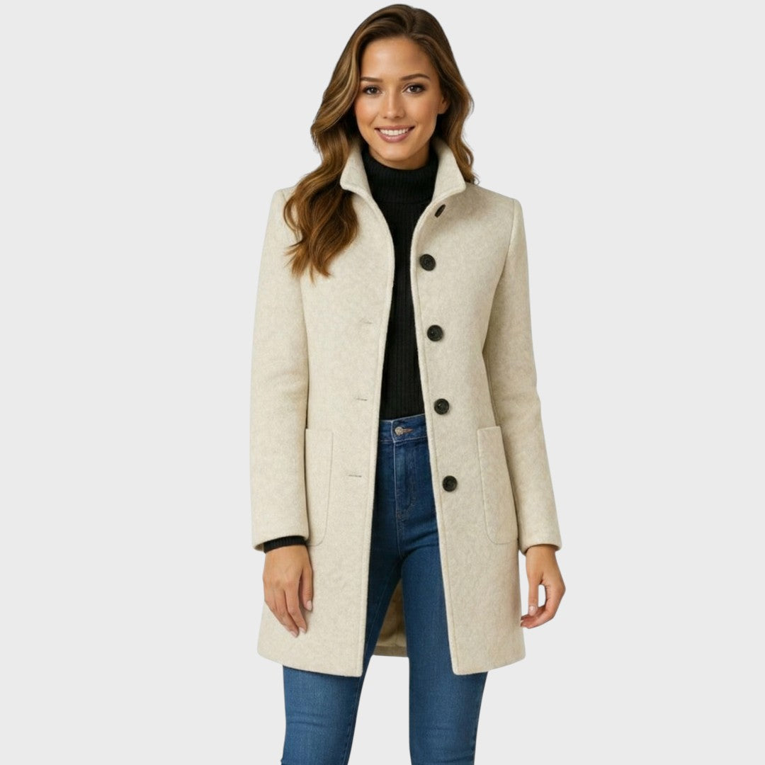 Tailored cream button-up coat with a smart stand collar and practical front patch pockets for a sleek, polished look.