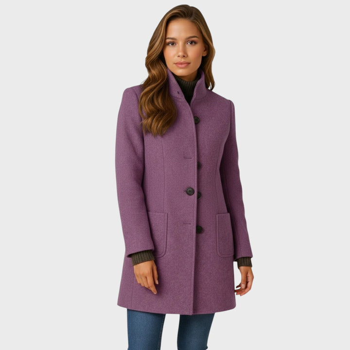 Tailored purple single-breasted coat with a smart stand collar and practical front patch pockets.