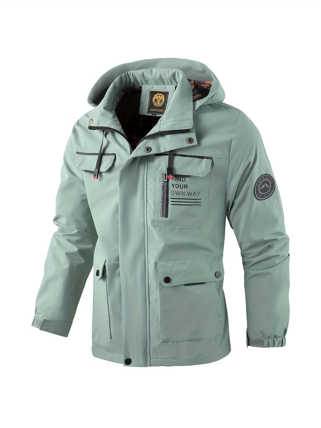 Sage green men's hooded utility jacket with multiple pockets, zip closure, and a structured, weatherproof design.