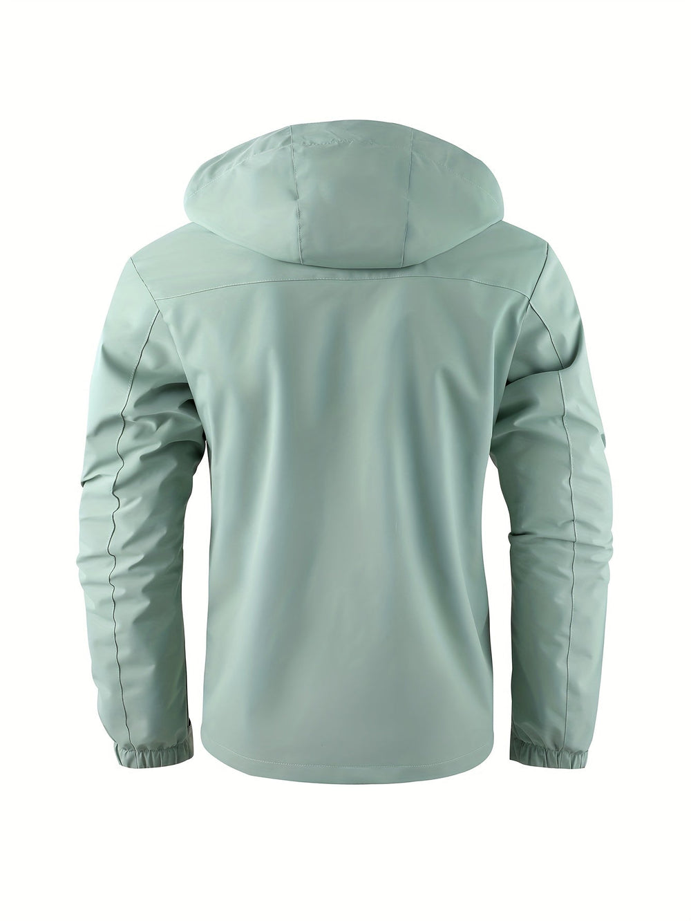 Back view of a sage green men's hooded utility jacket with a smooth, weatherproof finish and elasticated cuffs.