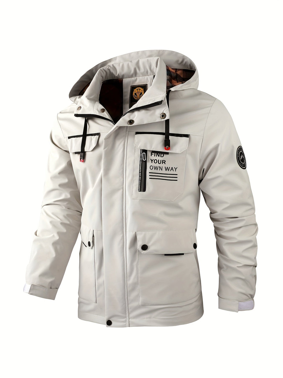Off-white men's utility jacket with a hood, multiple flap pockets, full-length zip, and Find Your Own Way chest graphic.
