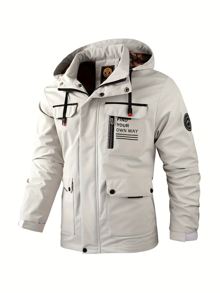 Off-white men's utility jacket with a hood, multiple flap pockets, full-length zip, and Find Your Own Way chest graphic.