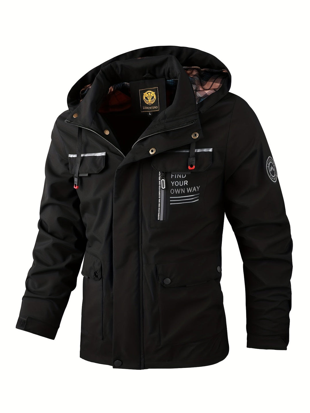 Black hooded utility jacket with multiple pockets, zip closure, and plaid interior lining.