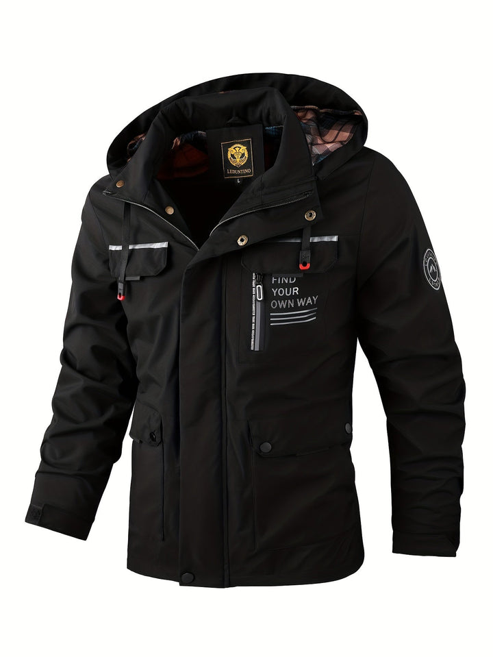 Black hooded utility jacket with multiple pockets, zip closure, and plaid interior lining.