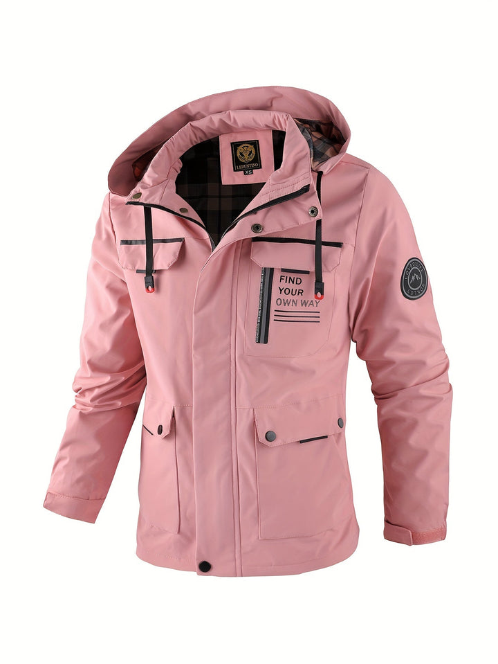 Pink hooded utility jacket with multiple pockets, front zip closure, and Find Your Own Way chest print.