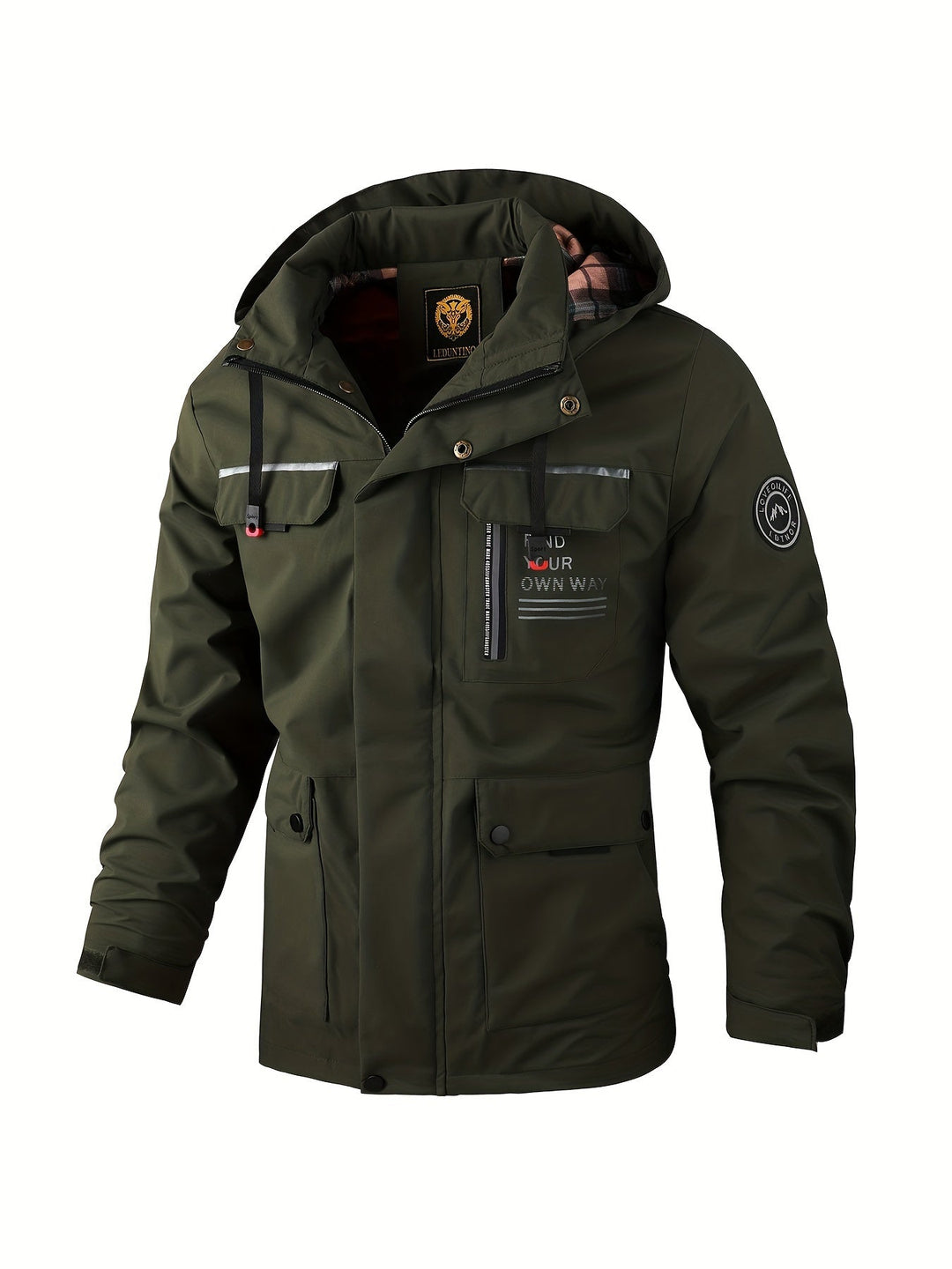Olive green men's hooded utility jacket with multiple pockets, full-length zip, and plaid interior lining.