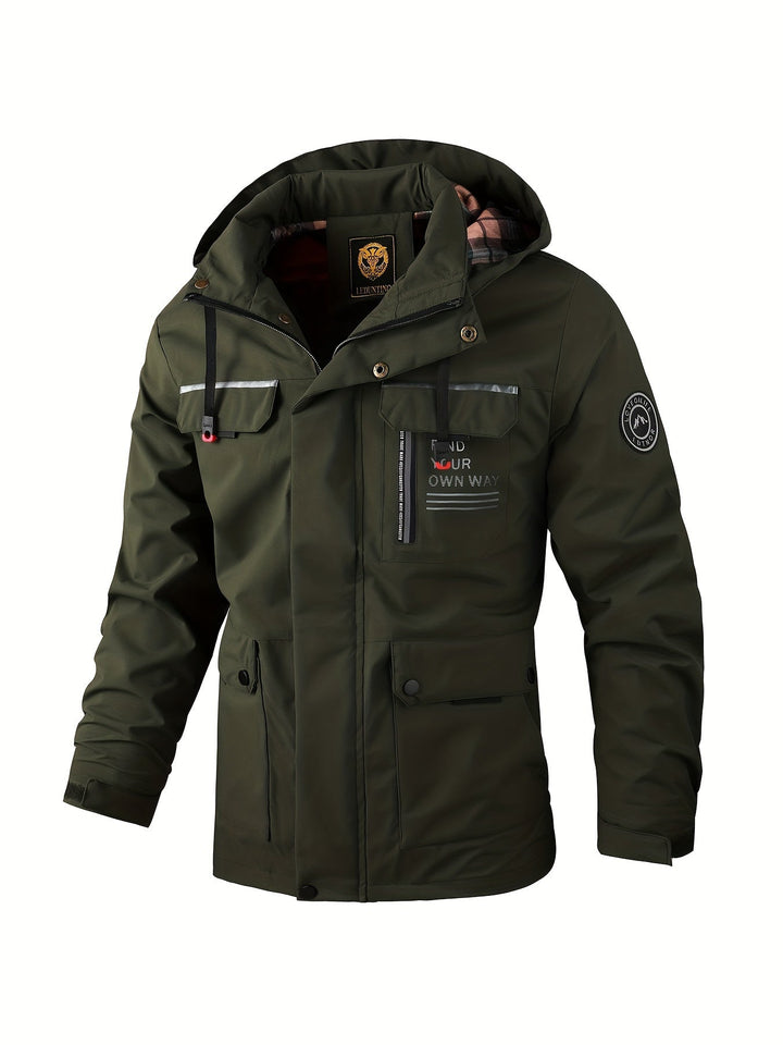 Olive green men's hooded utility jacket with multiple pockets, full-length zip, and plaid interior lining.