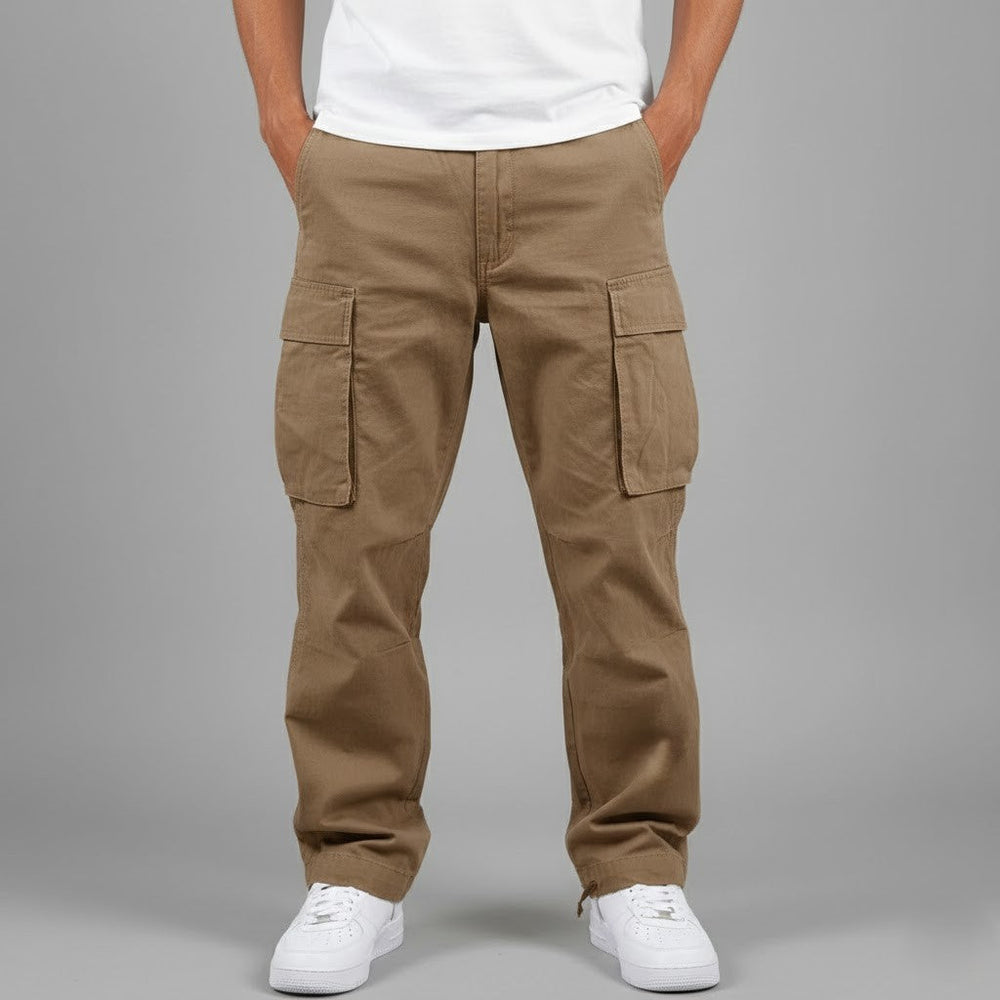 Men wearing relaxed-fit khaki cargo trousers in sturdy cotton with large side pockets and a straight-leg design.