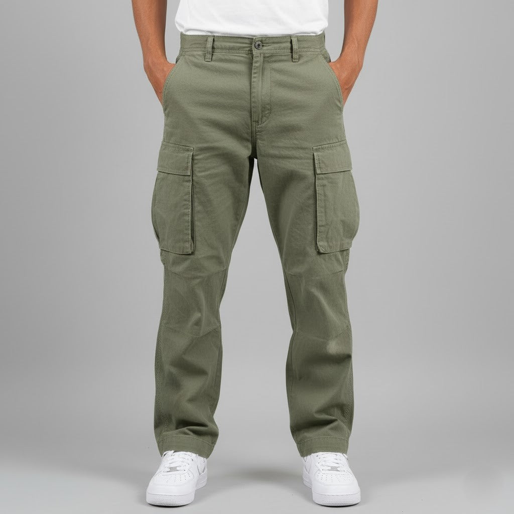 Olive green relaxed-fit men's cargo trousers in sturdy cotton with side pockets and a button-fly closure.