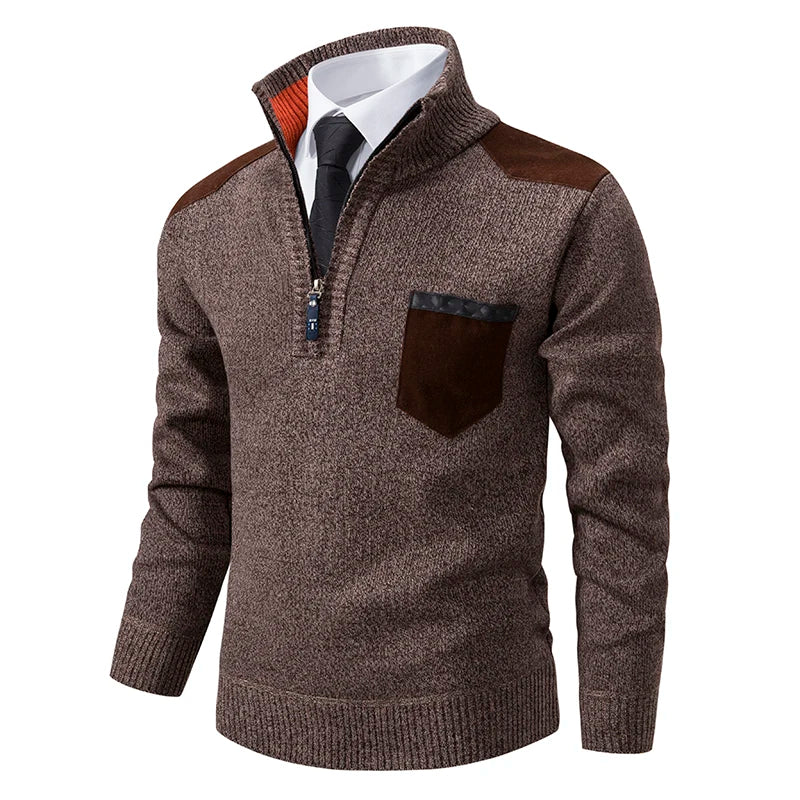 Brown marled knit quarter-zip jumper with contrast shoulder patches, chest pocket, and ribbed funnel neck.