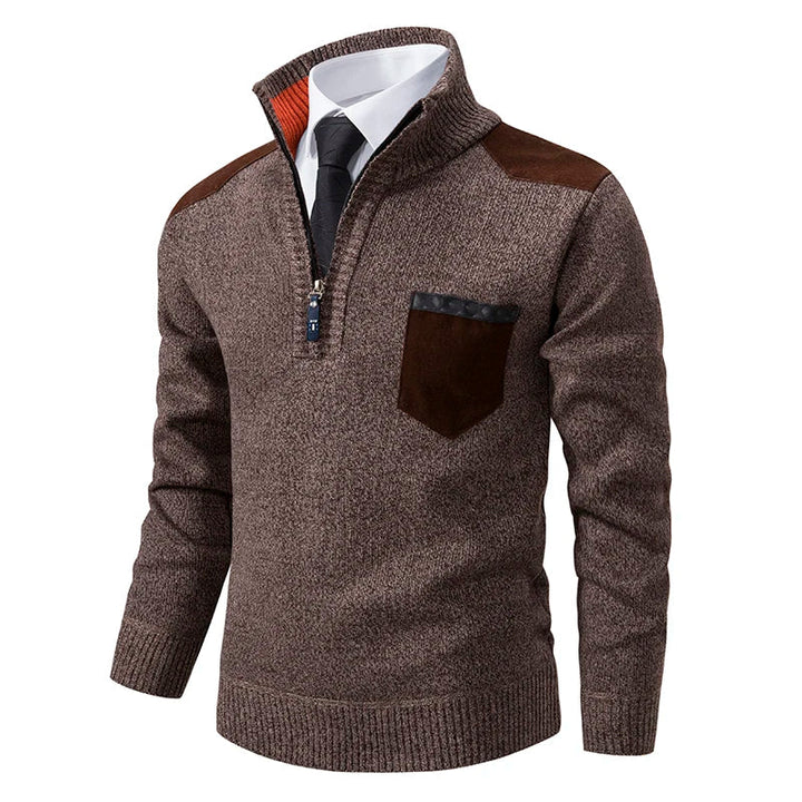 Brown marled knit quarter-zip jumper with contrast shoulder patches, chest pocket, and ribbed funnel neck.