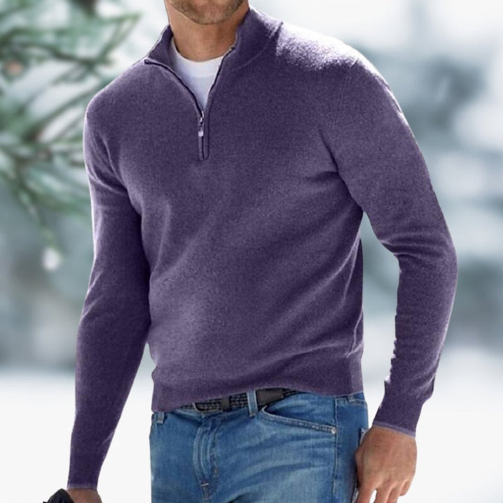 Men's purple quarter-zip knit sweater with stand collar, slim fit, and ribbed cuffs layered over a white t-shirt.
