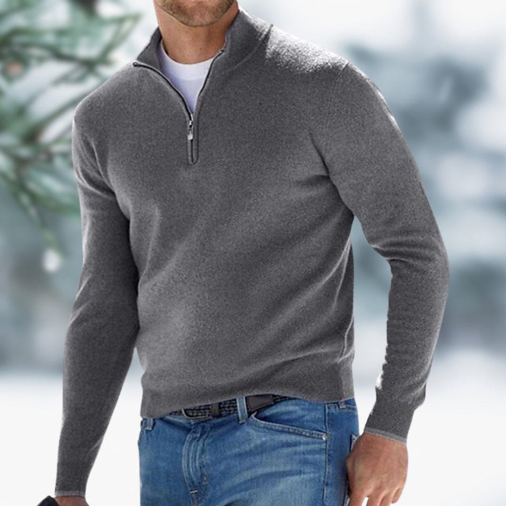 Men's grey quarter-zip knit sweater with a stand collar, slim fit, and ribbed cuffs layered over a white t-shirt.
