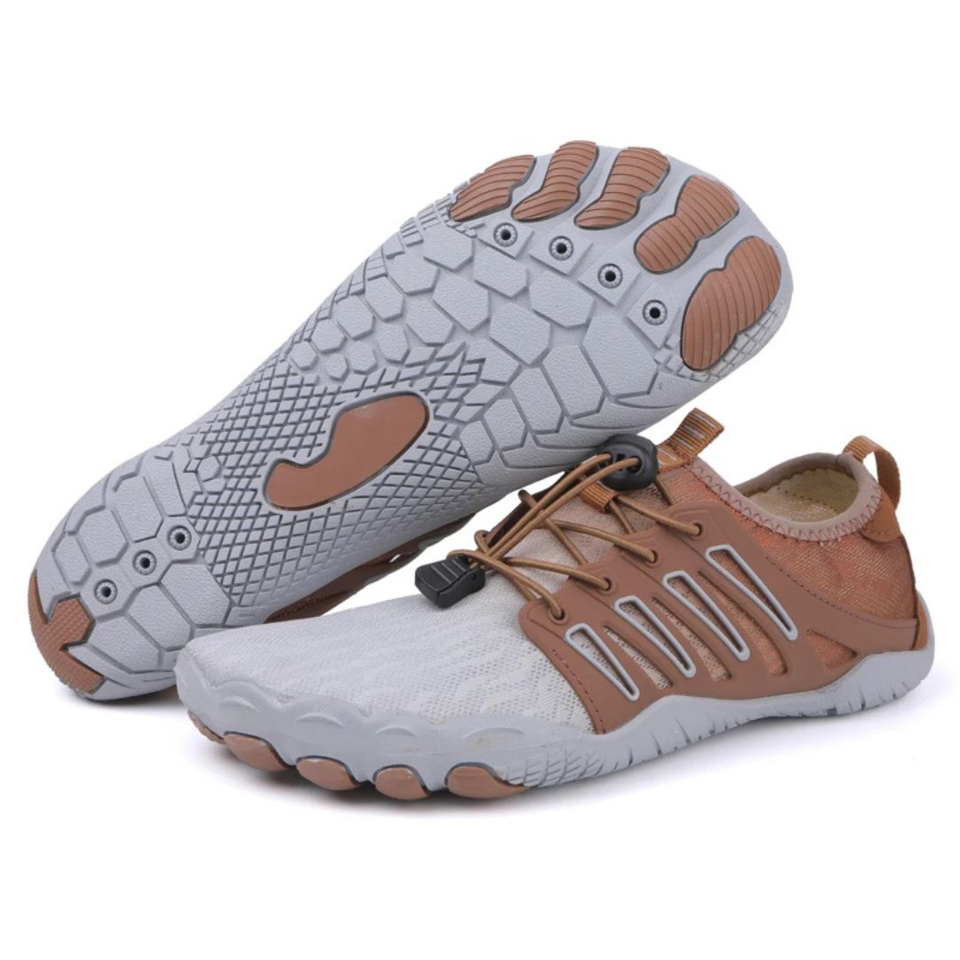 Lightweight brown and grey barefoot walking shoes with breathable mesh, wide toe box, and flexible rubber grip soles.