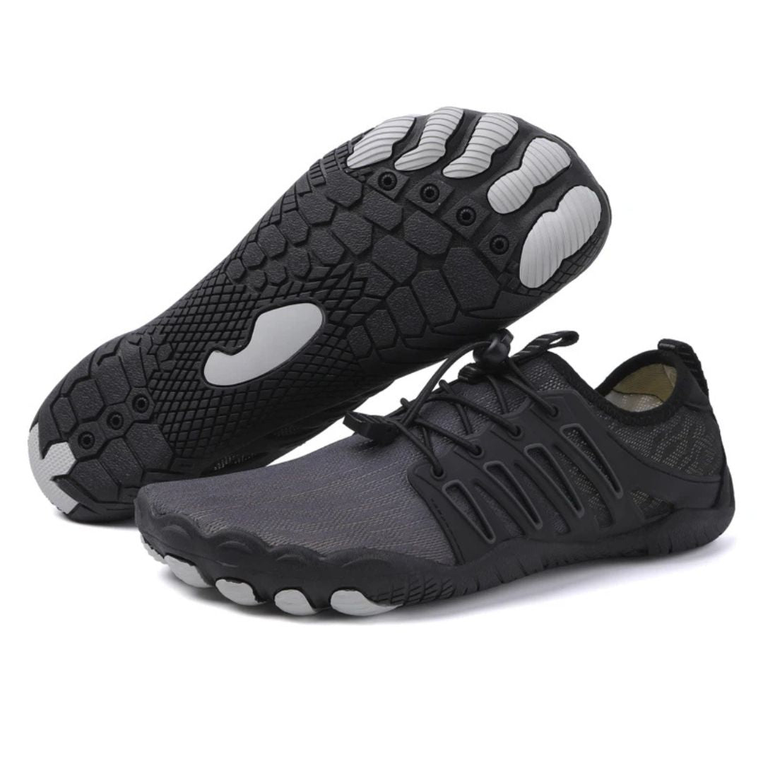 Oscar men's black barefoot walking shoes with breathable mesh, bungee laces, and a flexible, grippy rubber sole.