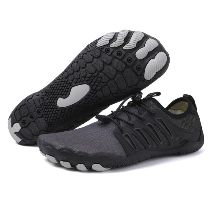 Oscar men's black barefoot walking shoes with breathable mesh, bungee laces, and a flexible, grippy rubber sole.