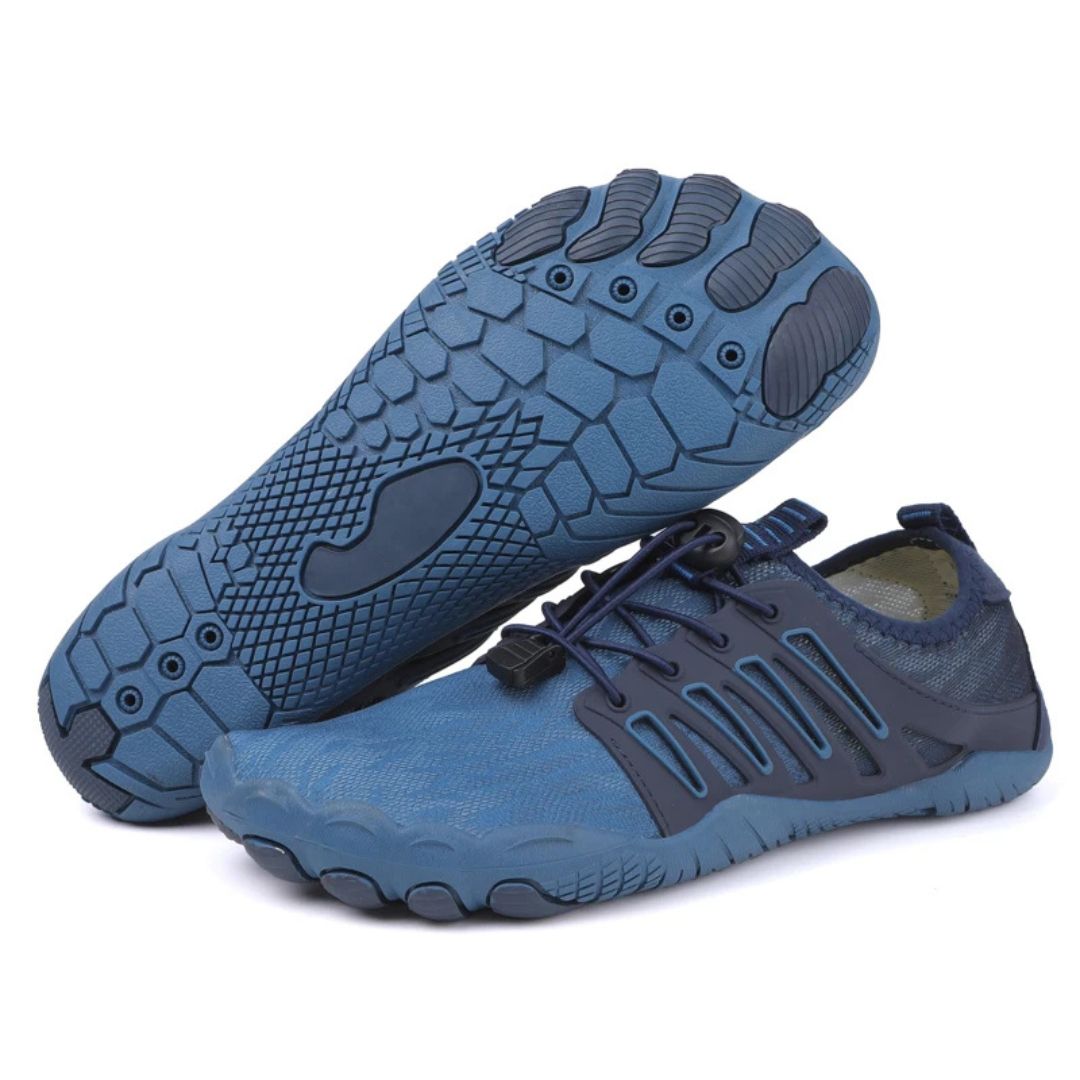 Blue lightweight barefoot walking shoes with breathable mesh, flexible treaded soles, and convenient bungee lace fastening.
