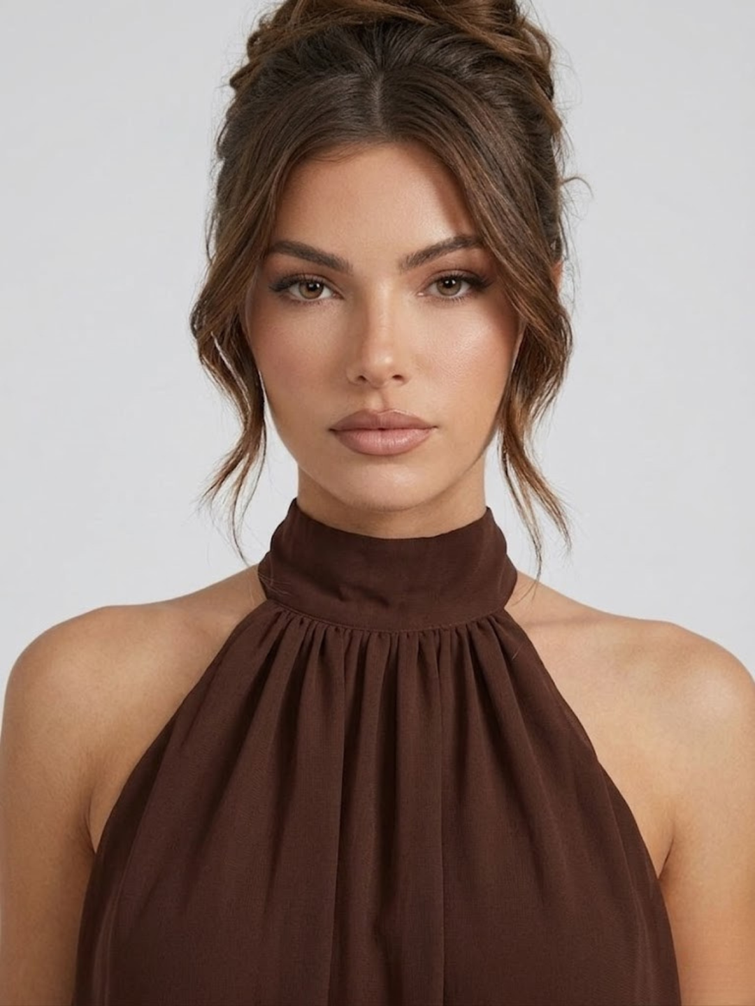 Model wearing a dark brown Phoebe halter neck mini dress with a high neckline and lightweight, airy fabric.