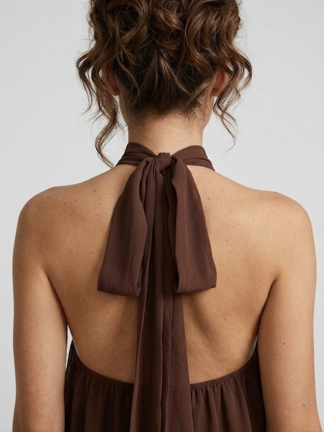Back view of a brown halter mini dress featuring an open back and a delicate self-tie bow closure at the neck.