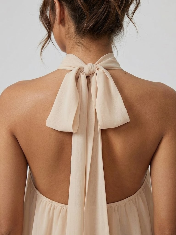 Beige backless mini dress featuring a high halter neckline with a delicate self-tie bow closure at the back.