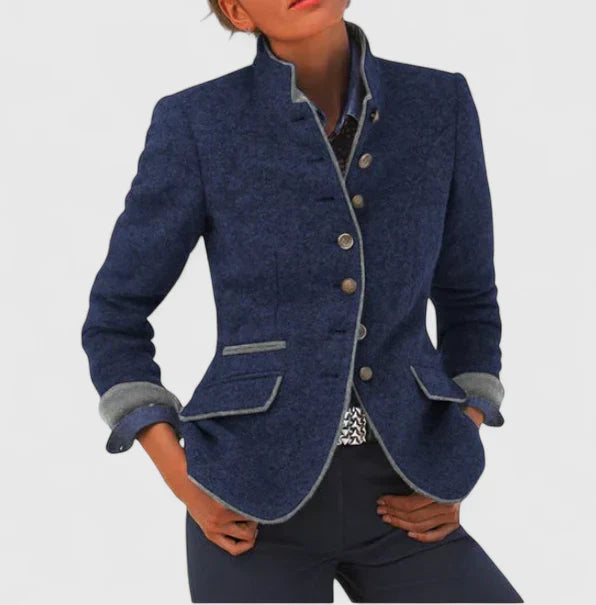 Navy blue tailored blazer with a stand collar, button-front closure, and grey contrast trim detailing.