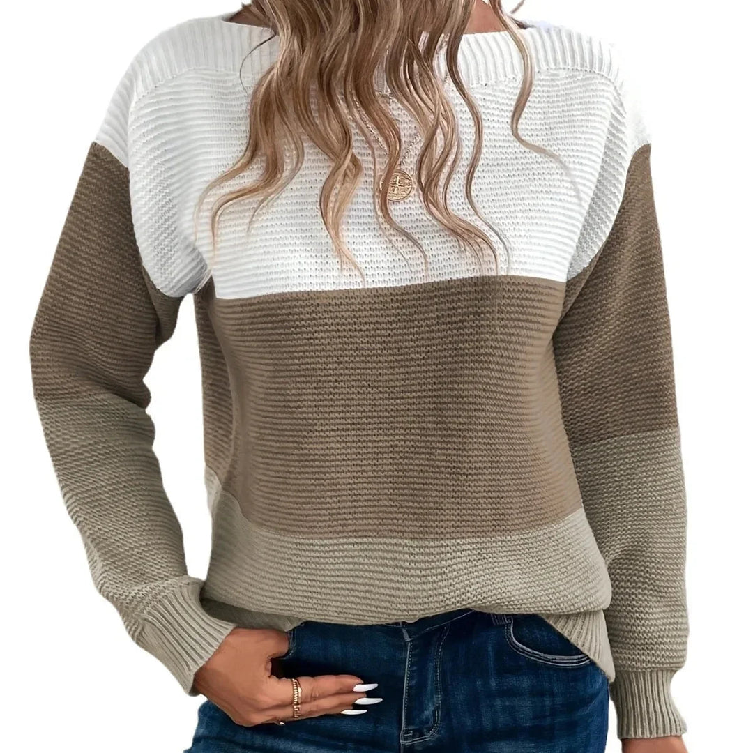 Women's chunky ribbed knit jumper featuring a white and brown colour block design with a relaxed boat neckline.