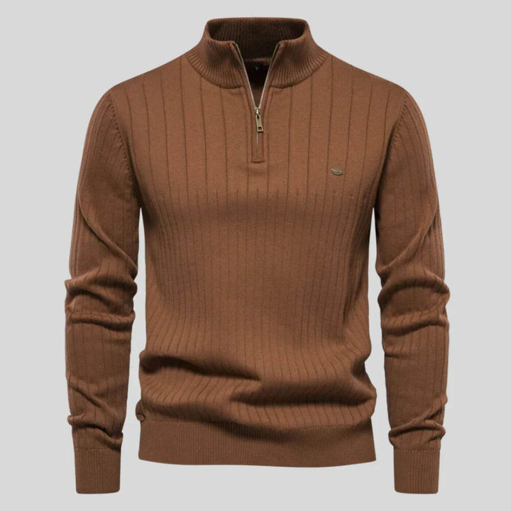 Men's brown ribbed knit jumper featuring a half-zip collar, long sleeves, and a subtle chest logo detail.
