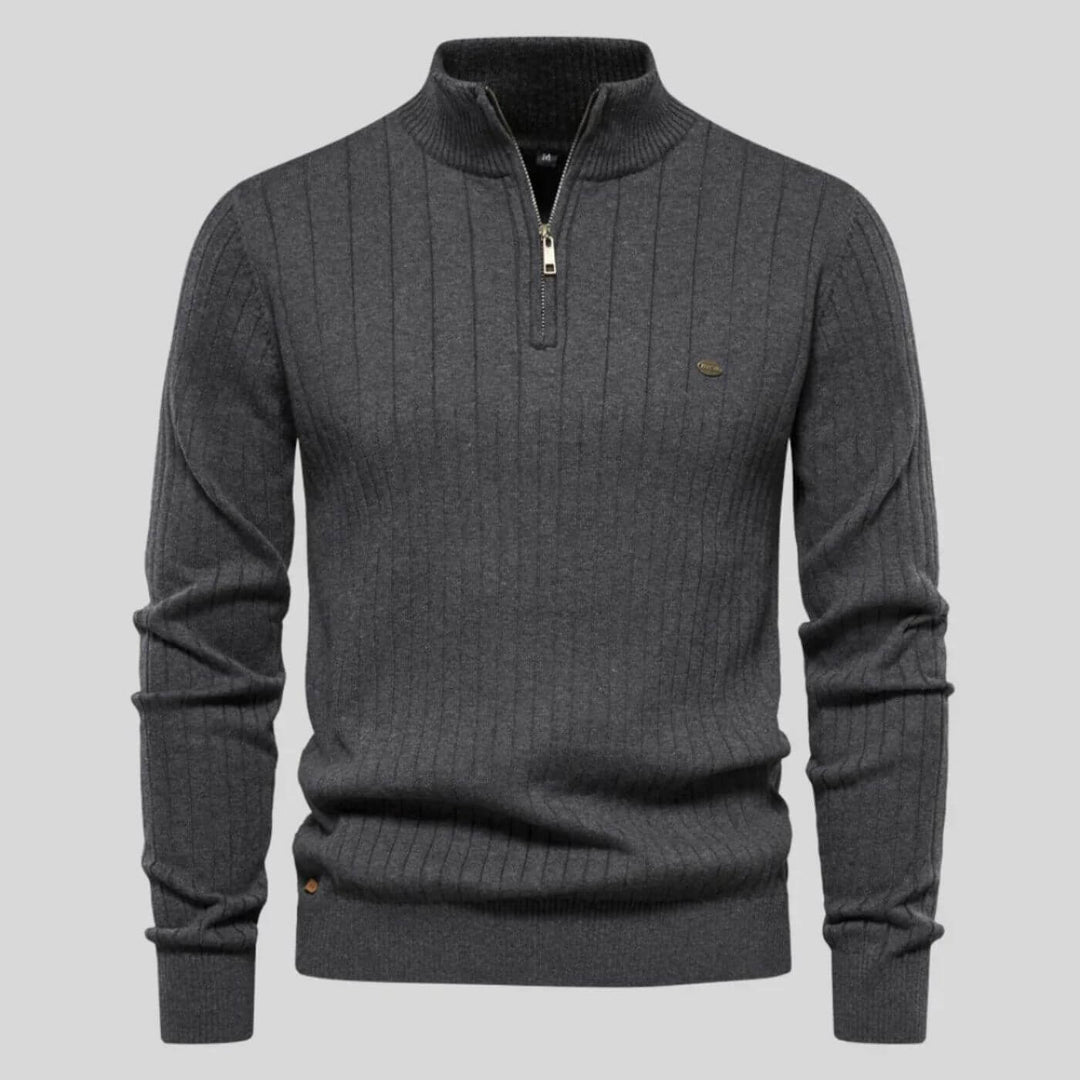 Charcoal grey men's ribbed knit half-zip jumper with a stand-up collar and long sleeves.