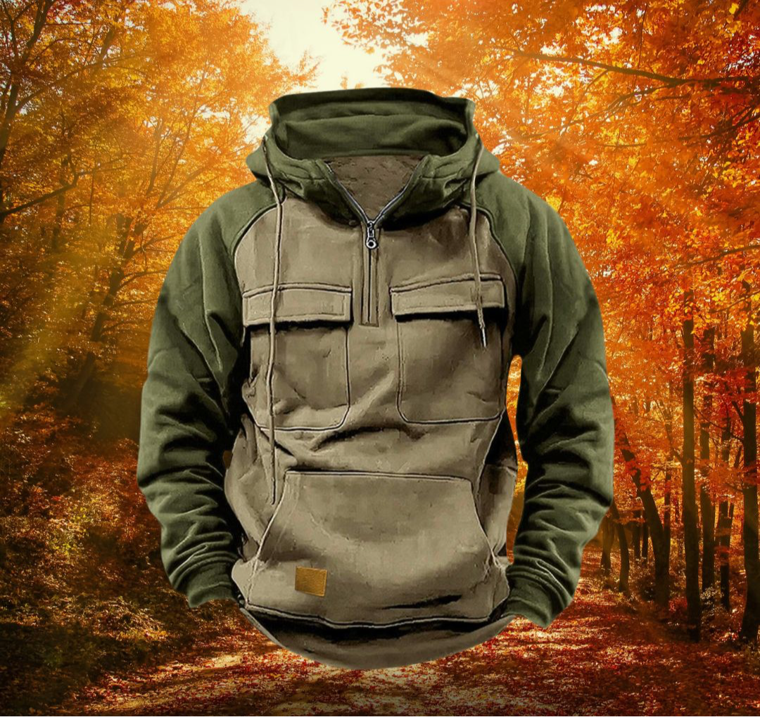 Men's olive green colour-block half-zip utility hoodie with chest flap pockets, kangaroo pocket, and drawstring hood.
