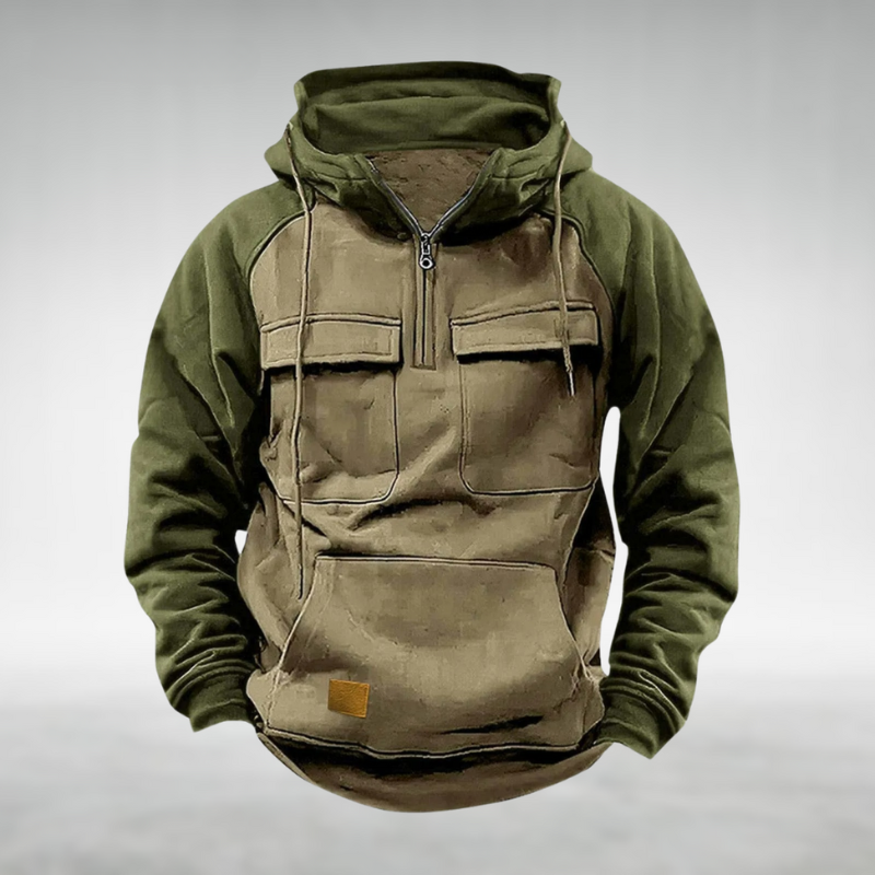 Olive green and tan colour-block half-zip utility hoodie with chest flap pockets, kangaroo pocket, and drawstring hood.