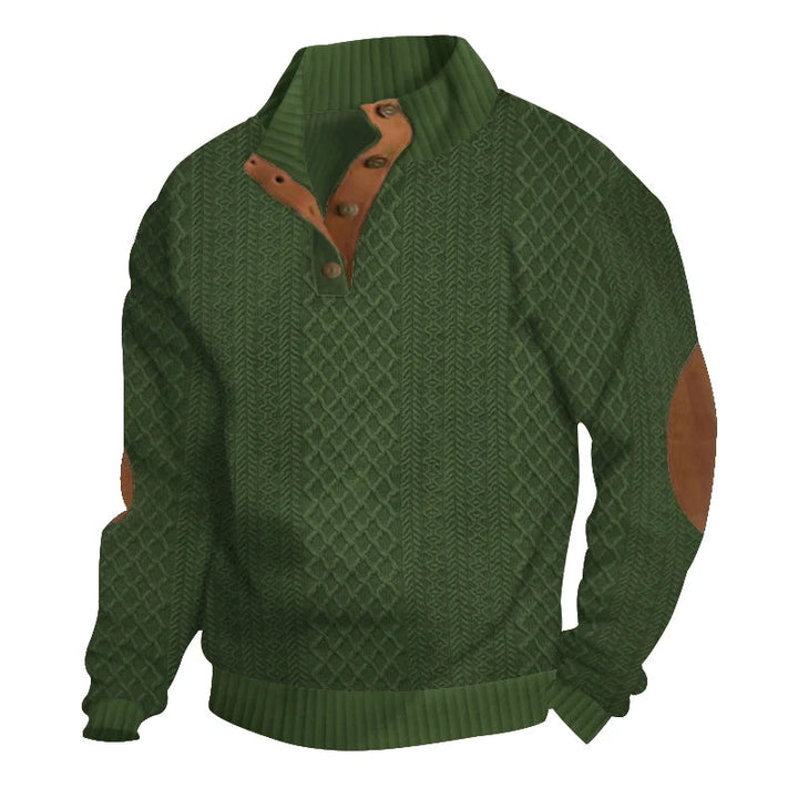 Green cable knit jumper with a button-up stand collar and contrast brown elbow patches.