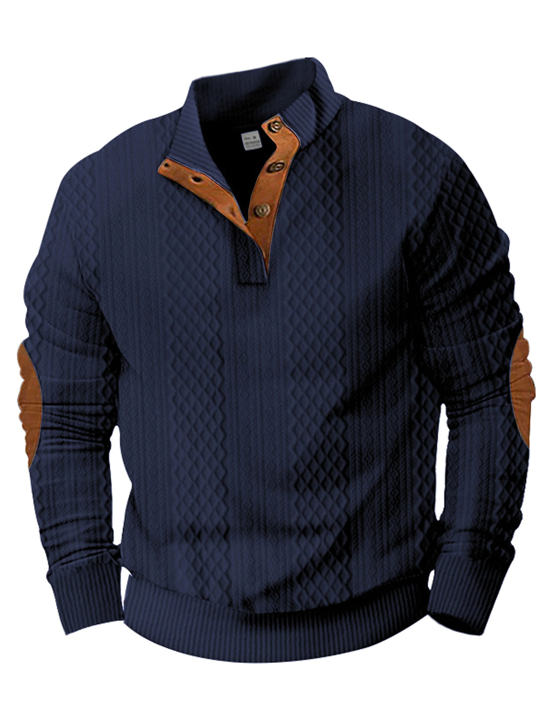 Navy blue cable knit jumper with a button-up stand collar and brown contrast elbow patches.