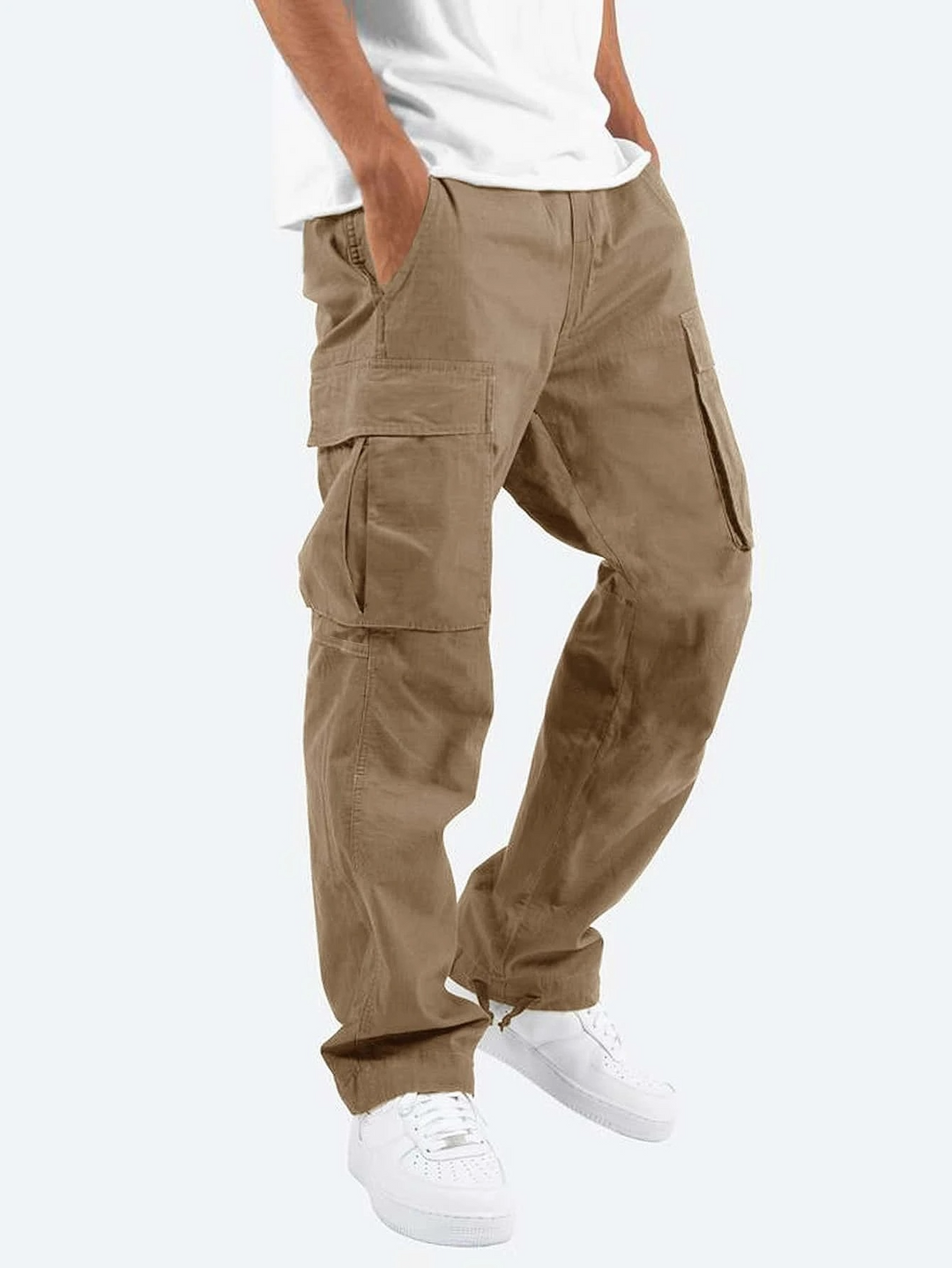 Men wearing relaxed-fit tan cargo trousers with side utility pockets and a straight-leg cut.