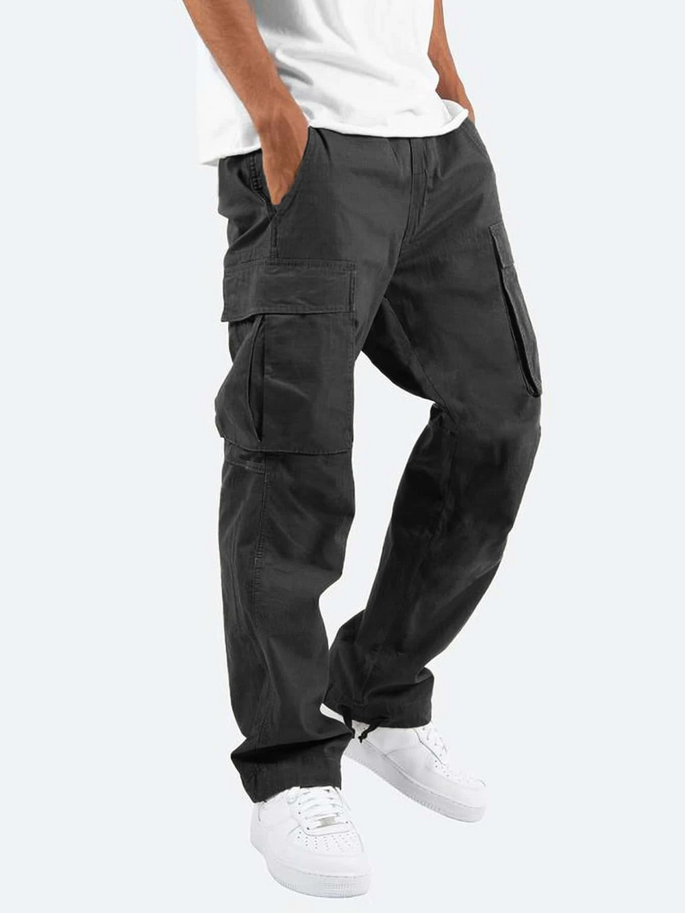 Men wearing charcoal grey relaxed-fit cargo trousers with side utility pockets and a straight-leg cut.