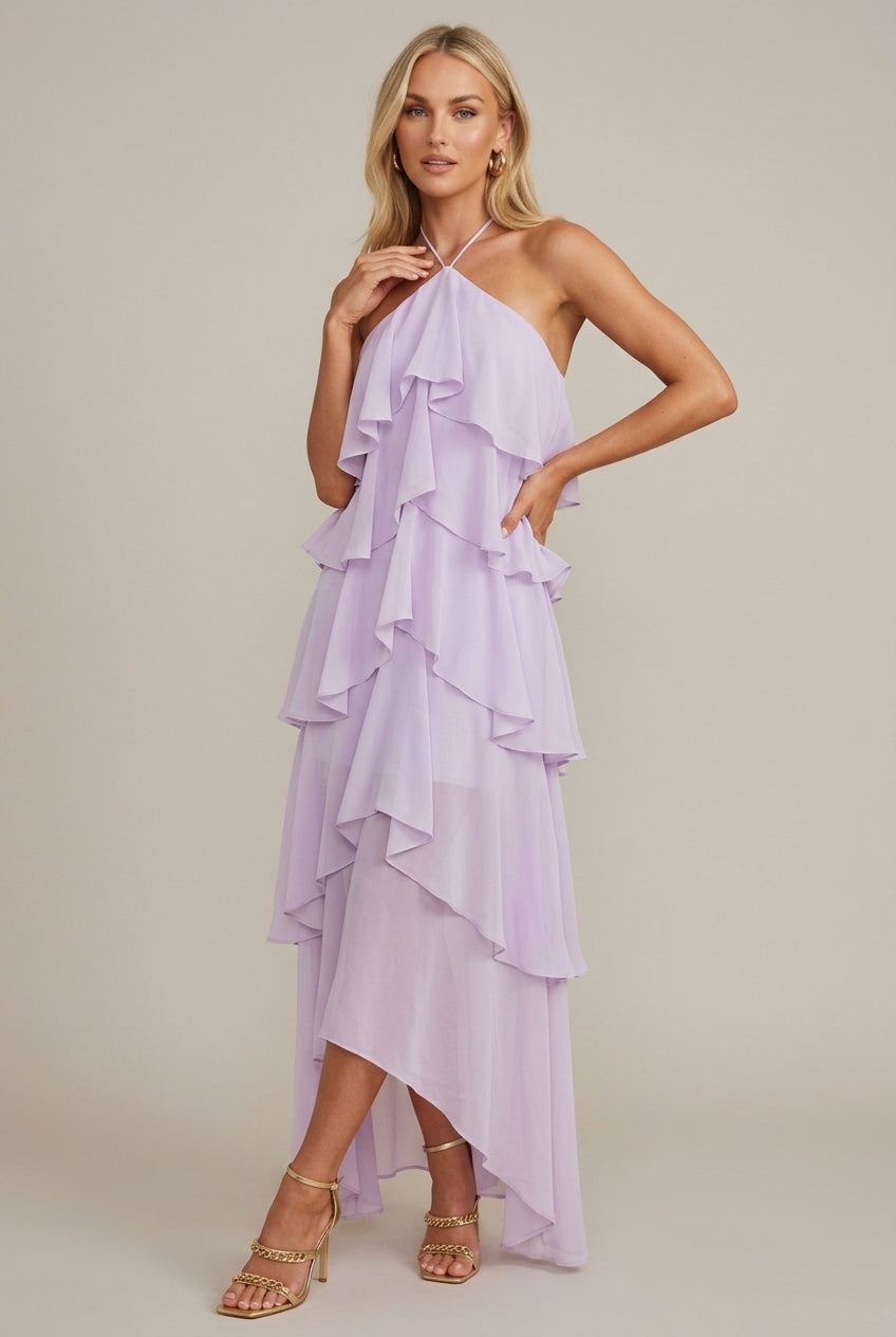 Rosalie women's floral halter tiered maxi dress in flowing lavender chiffon, perfect for warm-weather occasions.