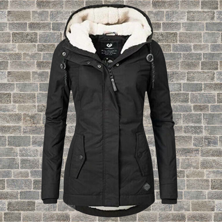 Black Rosalind parka featuring a plush fleece-lined hood, full zip front, and a flattering, fitted mid-length silhouette.