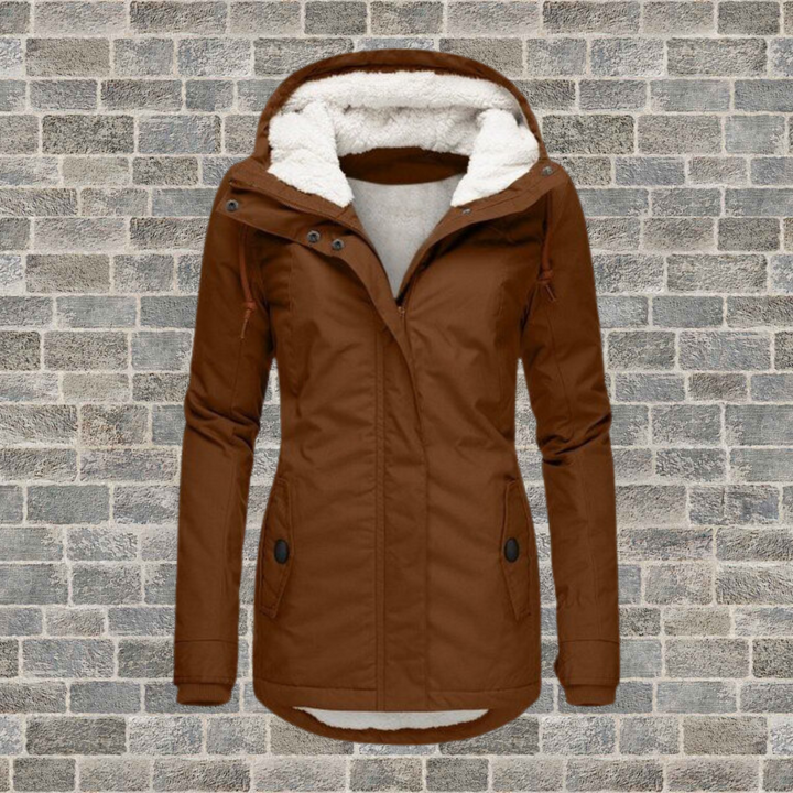 Brown Rosalind hooded parka featuring a plush white fleece lining, full zip front, and a flattering mid-length silhouette.