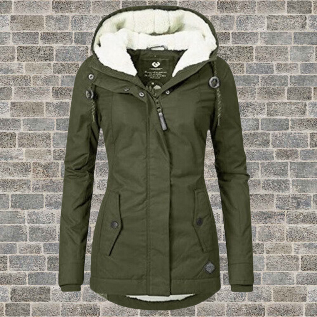 Olive green mid-length parka with a cozy white fleece-lined hood, full zip front, and practical pockets.