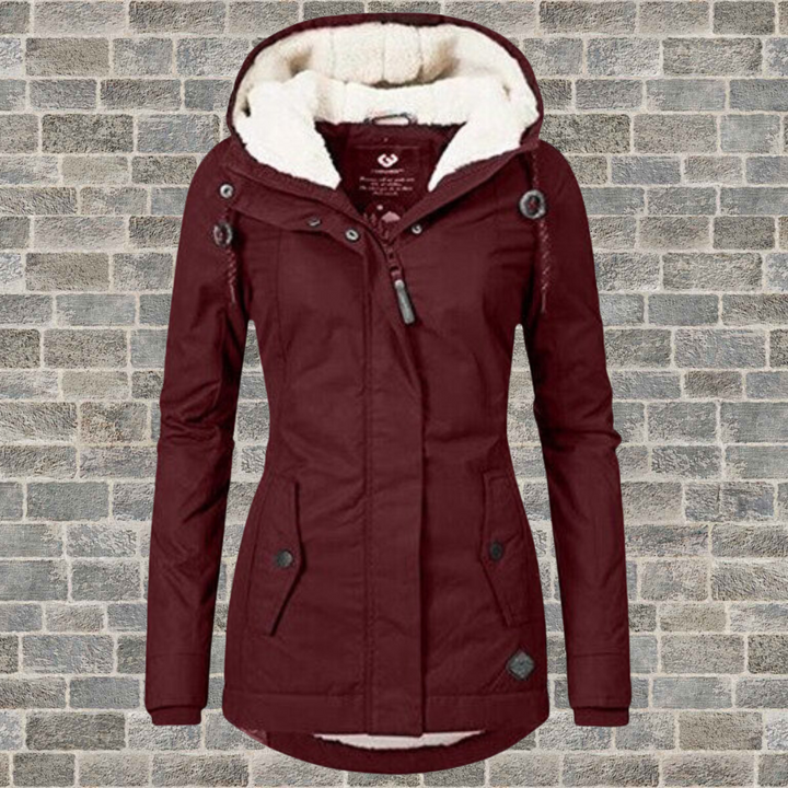 Burgundy Rosalind parka featuring a plush cream fleece-lined hood, full zip front, and a flattering fitted silhouette.