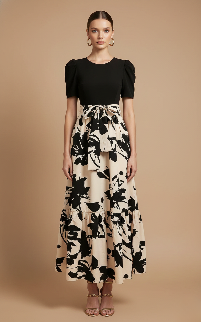 Rosalind Women's Short Sleeve Tiered Maxi Dress with black bodice, bow-tie waist, and cream floral skirt.