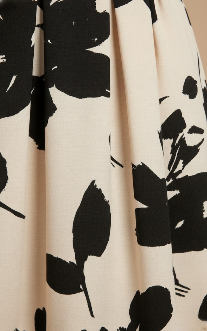 Close-up of the Rosalind dress's flowing tiered maxi skirt in a black floral print on a light background.