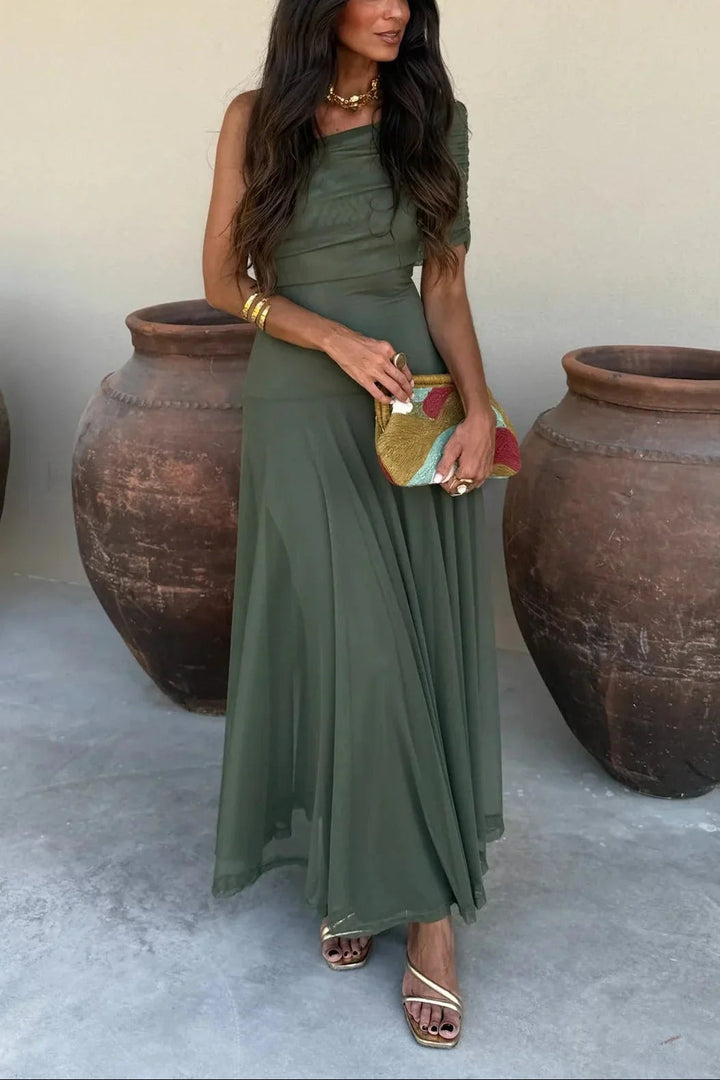 Rosie women's olive green one-shoulder pleated maxi dress, elegant and flowing for summer.